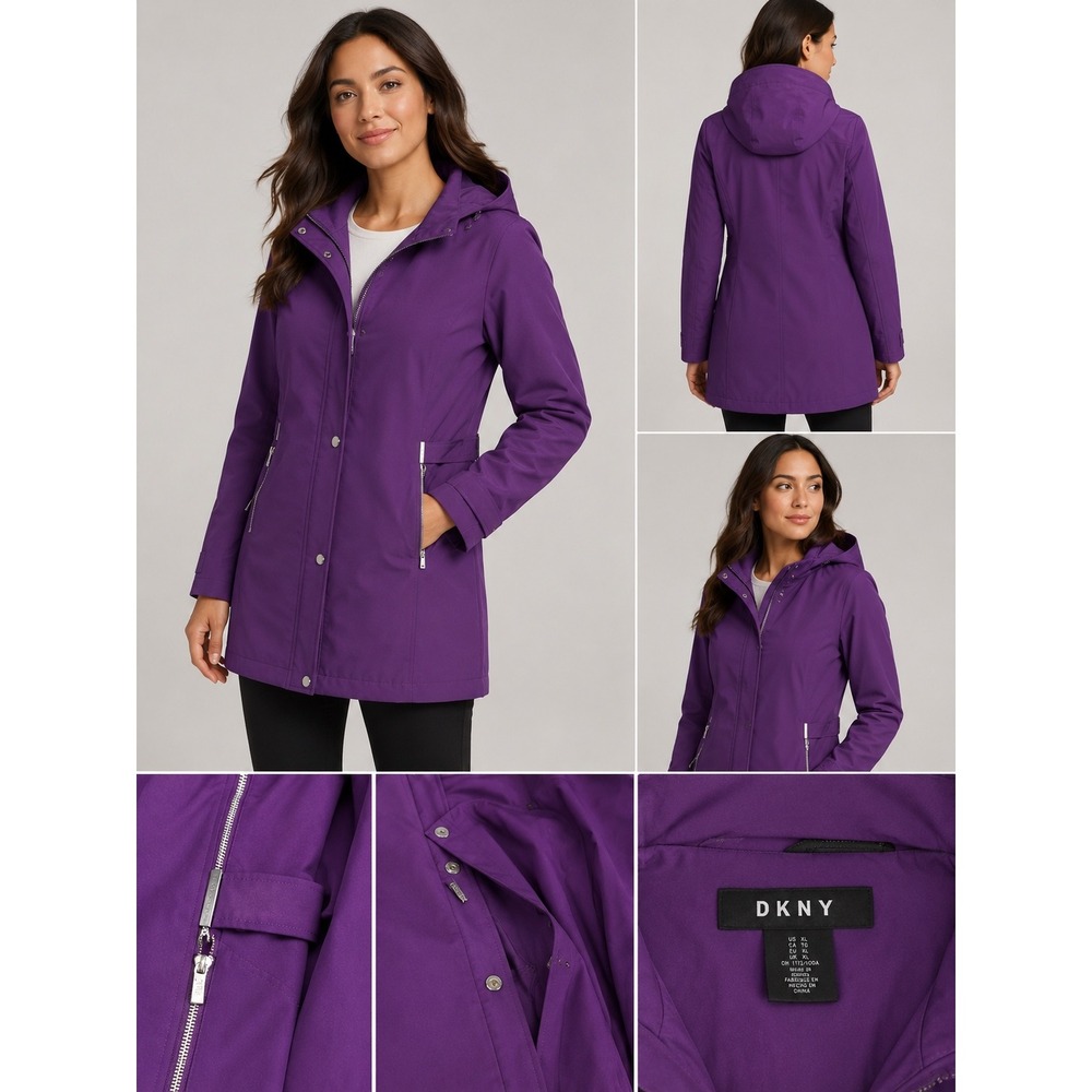 DKNY Womens Purple Hooded Softshell Parka Jacket Coatโ Size XL